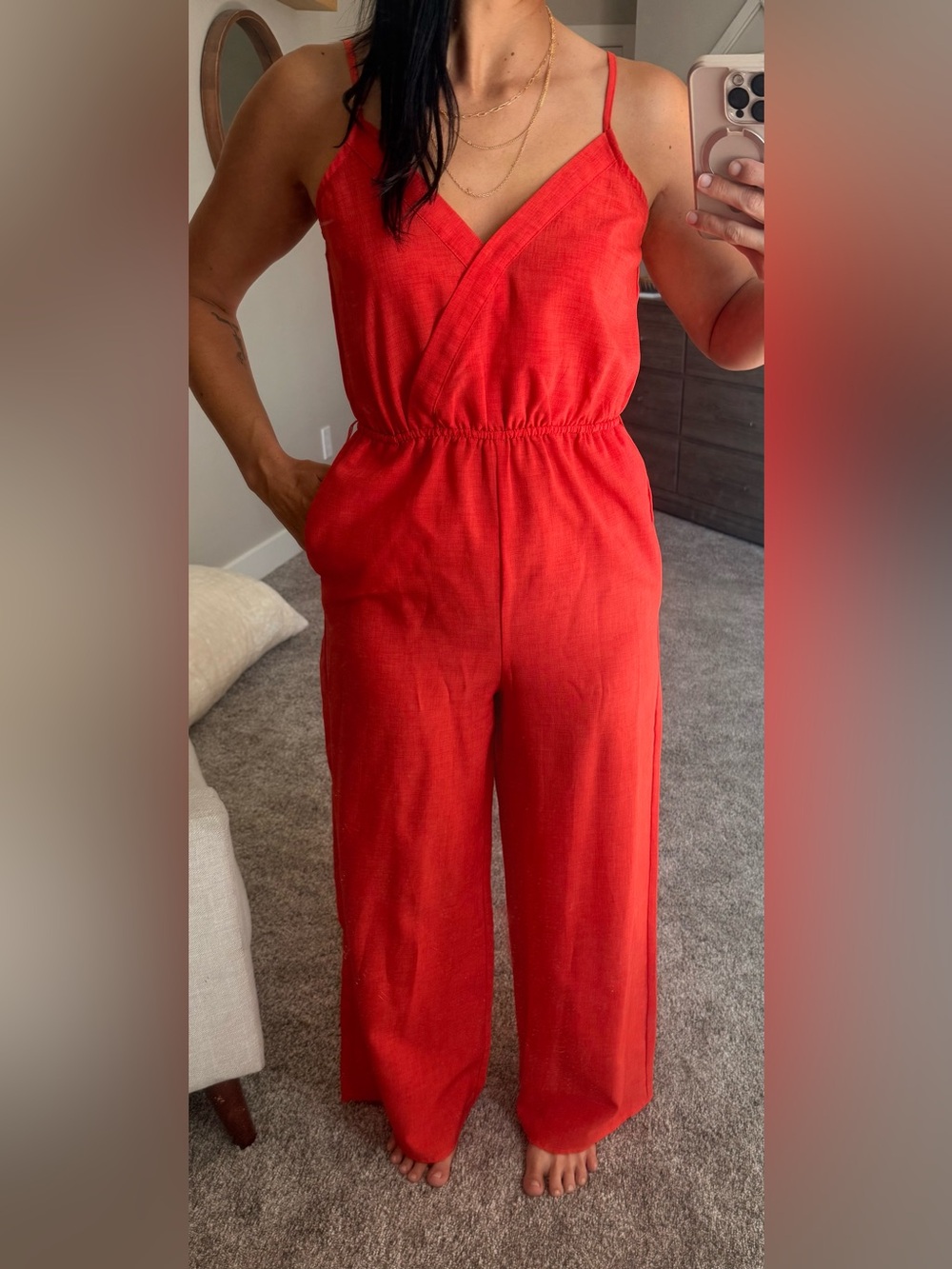 Sunset Red Orange Surplice Romper Jumper with safety button and keyhole back